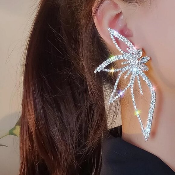 Rhinestone Leaf Design Studded Silver Earrings - Picture 1 of 12